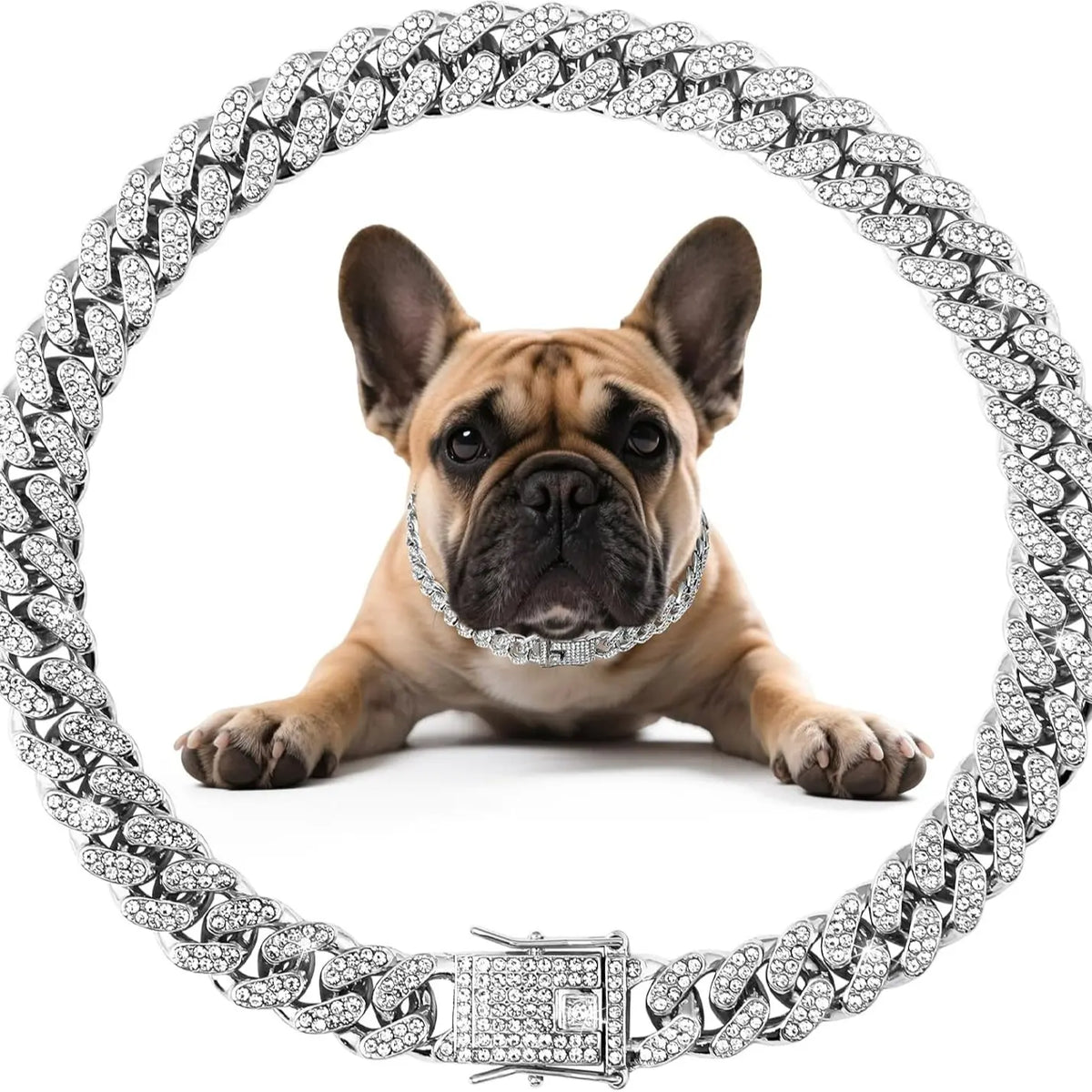 Elegant Cuban Style Dog Collar - 14In Fantasy Zinc Alloy Mosaic Chain, Zirconia Sparkle, Lightweight Fit, Secure Buckle, Diamond Mosaic Process, All Seasons Pet Neck Accessory for Birthdays, Christmas, Small to Medium-Large Dogs