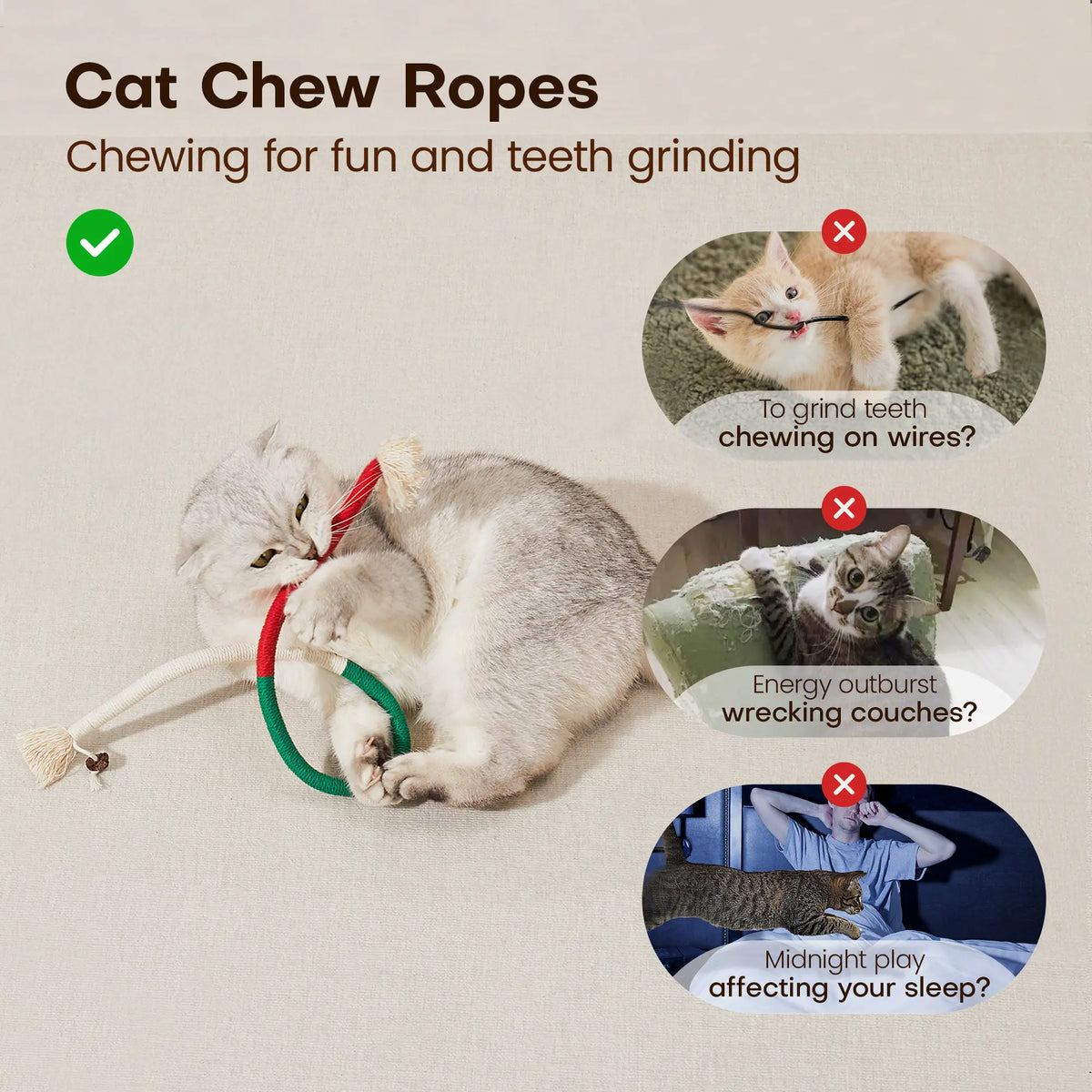 Potaroma 3-Pack Variety Organic Cotton Cat Chew Ropes, Safe and Organic Dental Care Toy for Indoor Kittens, Breath Fresh Calming Interactive Cat Toy