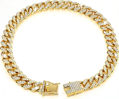 Elegant Cuban Style Dog Collar - 14In Fantasy Zinc Alloy Mosaic Chain, Zirconia Sparkle, Lightweight Fit, Secure Buckle, Diamond Mosaic Process, All Seasons Pet Neck Accessory for Birthdays, Christmas, Small to Medium-Large Dogs