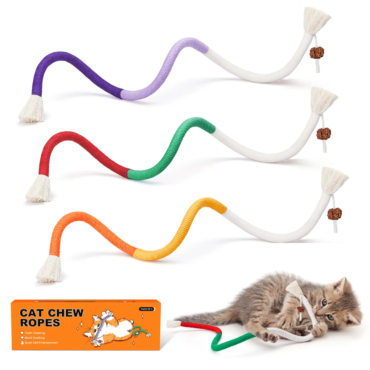 Potaroma 3-Pack Variety Organic Cotton Cat Chew Ropes, Safe and Organic Dental Care Toy for Indoor Kittens, Breath Fresh Calming Interactive Cat Toy