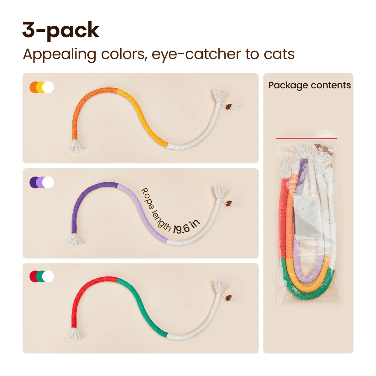 Potaroma 3-Pack Variety Organic Cotton Cat Chew Ropes, Safe and Organic Dental Care Toy for Indoor Kittens, Breath Fresh Calming Interactive Cat Toy