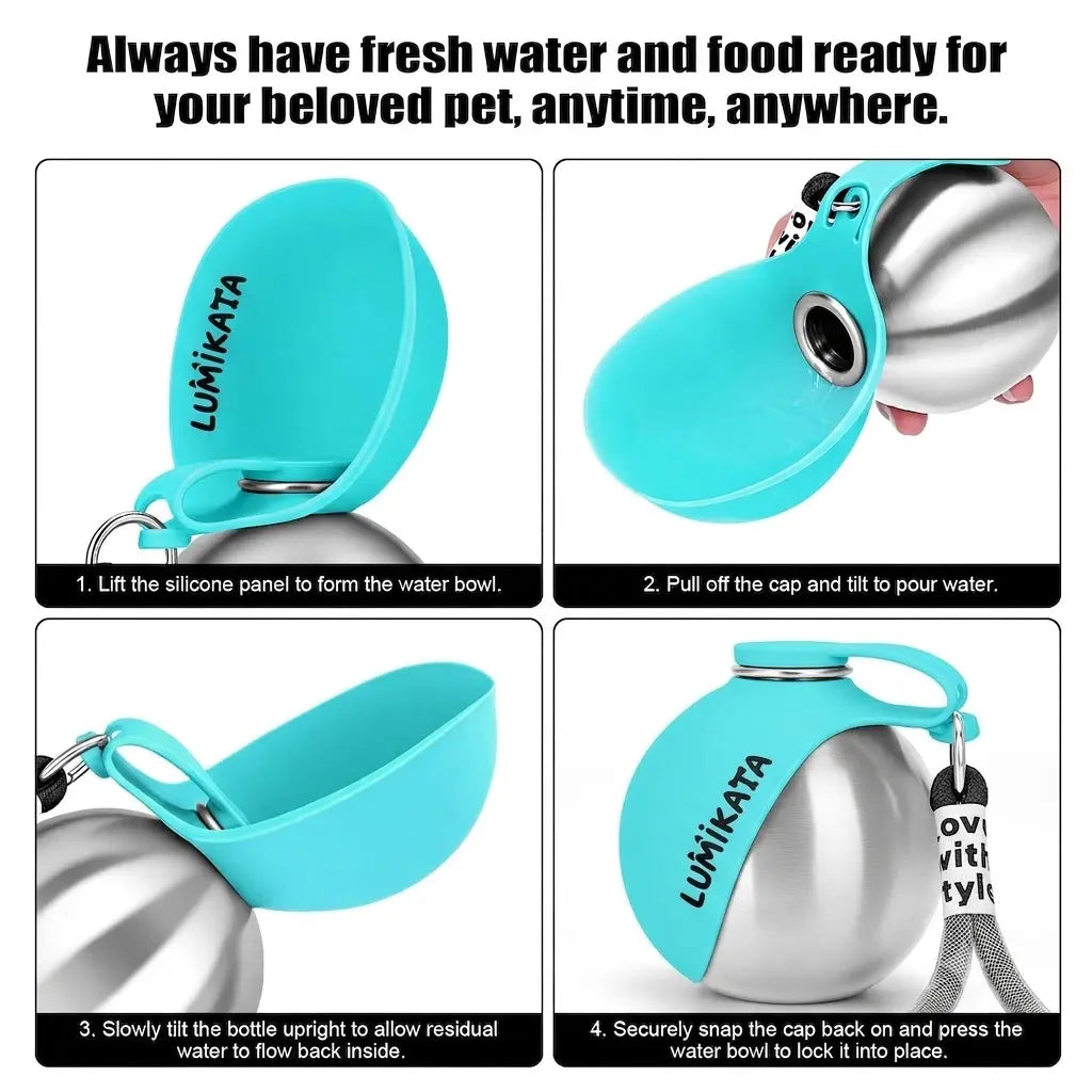 Lumikata 2-In-1 Portable Dog Water Bottle - 10Oz Stainless Steel, Silicone Foldable Bowl Mode, Leak-Proof Water Ball for Small Dog Walking, Pet Feeding Supplies, Water Bottles